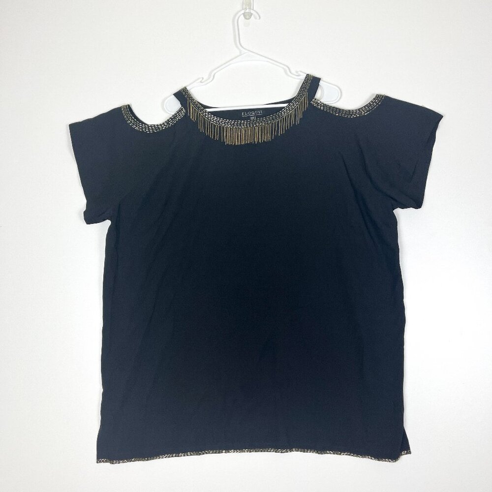 Eloquii Black Cold Shoulder Tunic Top with Beads & Chains Details Size 22/24 EUC